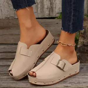 2025 summer new women's platform slippers large size bag head platform slippers belt buckle decorative women
