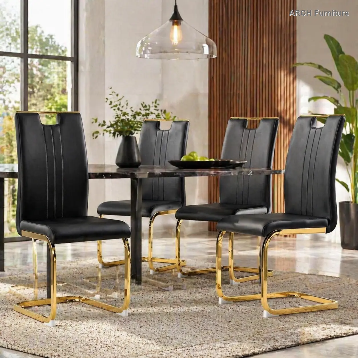 Set of 4 ARCH Black and Gold PU Leather Modern Dining Chairs - Cantilever Metal Frame, Contemporary Upholstered Decorative Side Chairs for Kitchen & Dining Room, Black Dining Chairs