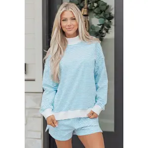 Sky Blue Stripe Oversize Mock Neck Sweatshirt and Shorts Set