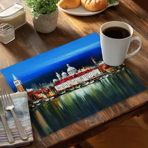 360 stand Aesthetic Rectangular Stainproof Polyester Placemat, 14x18 in, Cityscape Night Design, Modern Kitchen Tableware for Home Decor, Coasters For Table