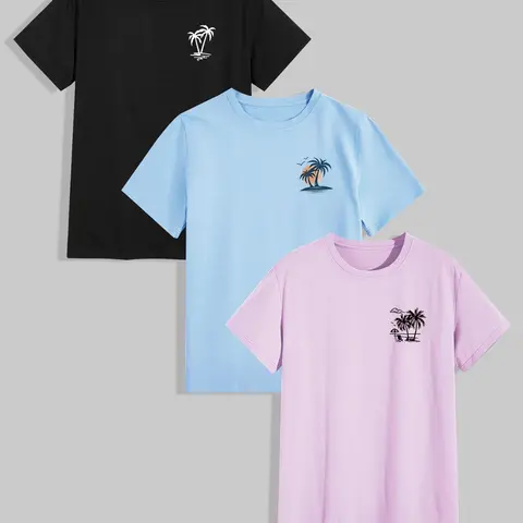 Men's Tropical Palm Tree Print Short Sleeve Tee, Regular Fit Casual Comfy Round Neck T-shirt for Summer, Men's Top for Daily Wear, Loungewear, Pajama, Menswear