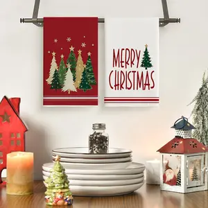 2pcs Christmas kitchen towels, red Christmas tree forest, Merry Christmas design, soft cleaning towels, tea towels, decorative towels, easy to clean dishwashing towels, suitable for holiday party decoration