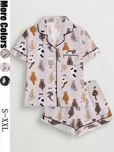 Adorable Cartoon Cat Backprint Pajama Set for Women, Multi-Color Short Sleeve and Shorts, Comfortable Home Wear, Loose Fit, Plus Size Friendly, Loungewear, Cartoon Print Sleepwear