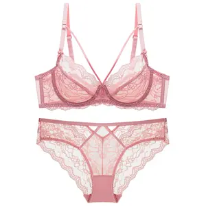Sexy Lace Ultra Thin Sponge-Free Transparent Bra Bra Women's Underwear Large Boob Size Concealing Bra Set