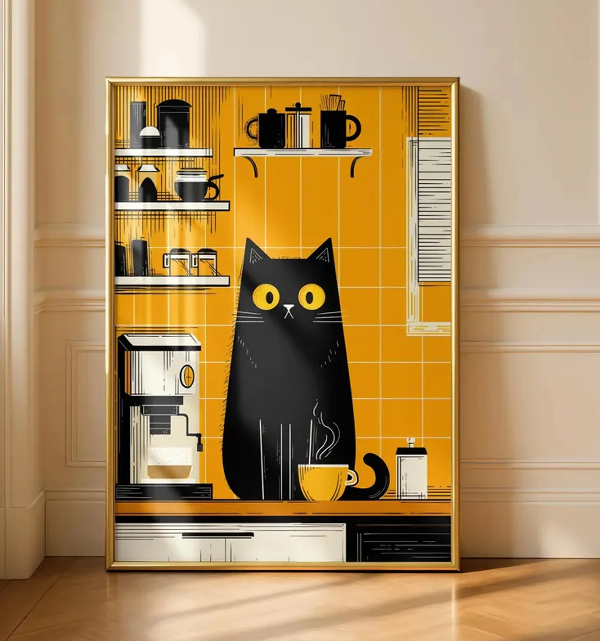 Black Cat Kitchen Print - Cafe Breakfast Art - Fun kitchen decor - Coffee Prints