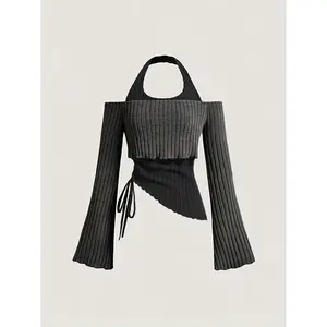 Look Spliced Halter Neck Long Sleeve Slim Fit Top for Women