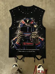Y2K racing suit Graphic printed hole vest for both men and women, punk style casual vest for summer 2026, portrait helmet, fashionable printed short sleeved European and American street shirt, sleeveless T-shirt, American retro vest, hip-hop