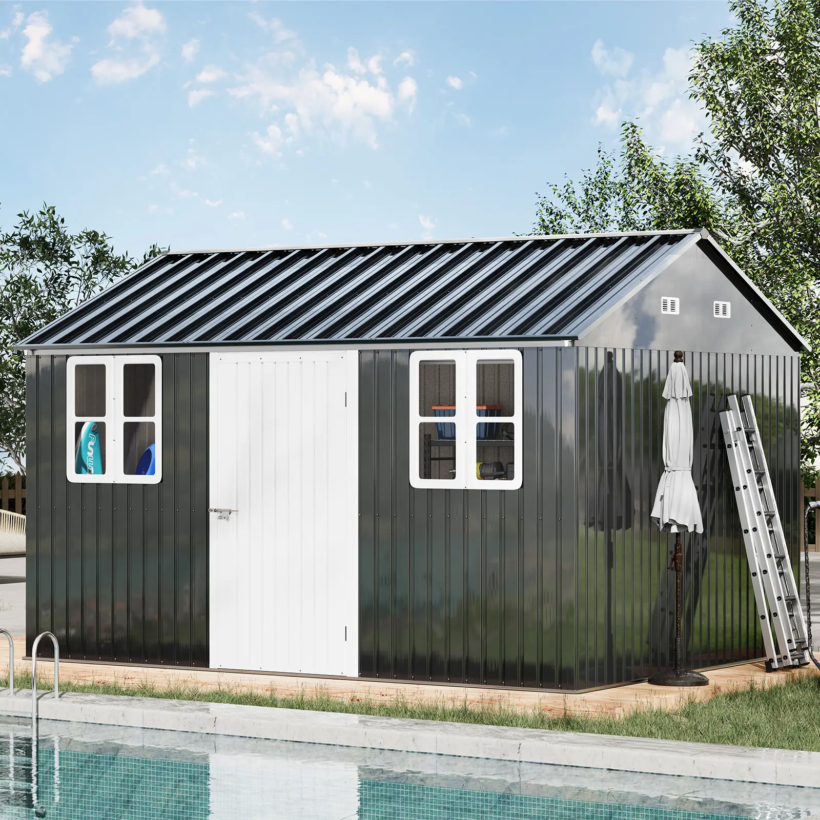 PAPAJET Large 11.8x10.3x8.2ft Galvanized Steel Outdoor Storage Shed with Lockable Door & 4-Pane Windows - Nordic Cottage Garden Shed for Backyard, Patio, RV/Equipment Storage - Spacious Metal Building for Organization