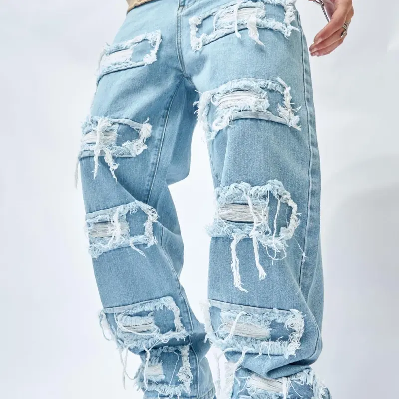 Men's Ripped Zipper Pocket Design Light Wash Ripped Knee Distressed Jeans, Loose Casual Pants for Daily Wear, Stylish Fashion Men's Bottoms for All Seasons, Cotton Fabric, Loose Casual Menswear