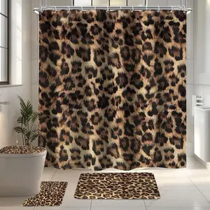 1/4pcs Leopard Print Bathroom Shower Curtain and Mat Set, includes 12 hooks, non-slip bathroom mat, non-slip toilet U-shaped mat, toilet seat cover, bathroom partition, home decor, Bathroom Decor and Accessories
