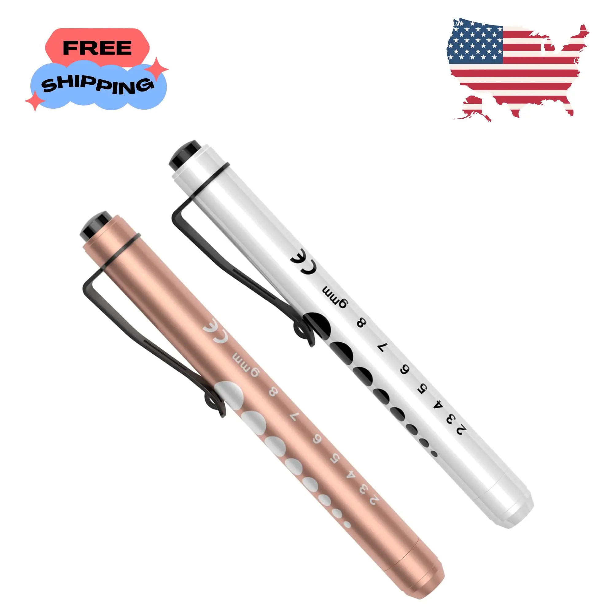 Pen Lights for Nurses, 2Pack Reusable Medical Pen Light with Pupil Gauge and Ruler (Gold/White)