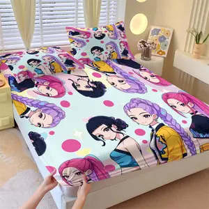 3-Piece K-pop Anime Girl Group Fitted Sheet Set, 1 Fitted Sheet + 2 Pillowcases, Soft Breathable Fabric, Non-Slip Mattress Cover, Kawaii Bedding, Ideal for Kids Teens Bedroom Decor or Gift