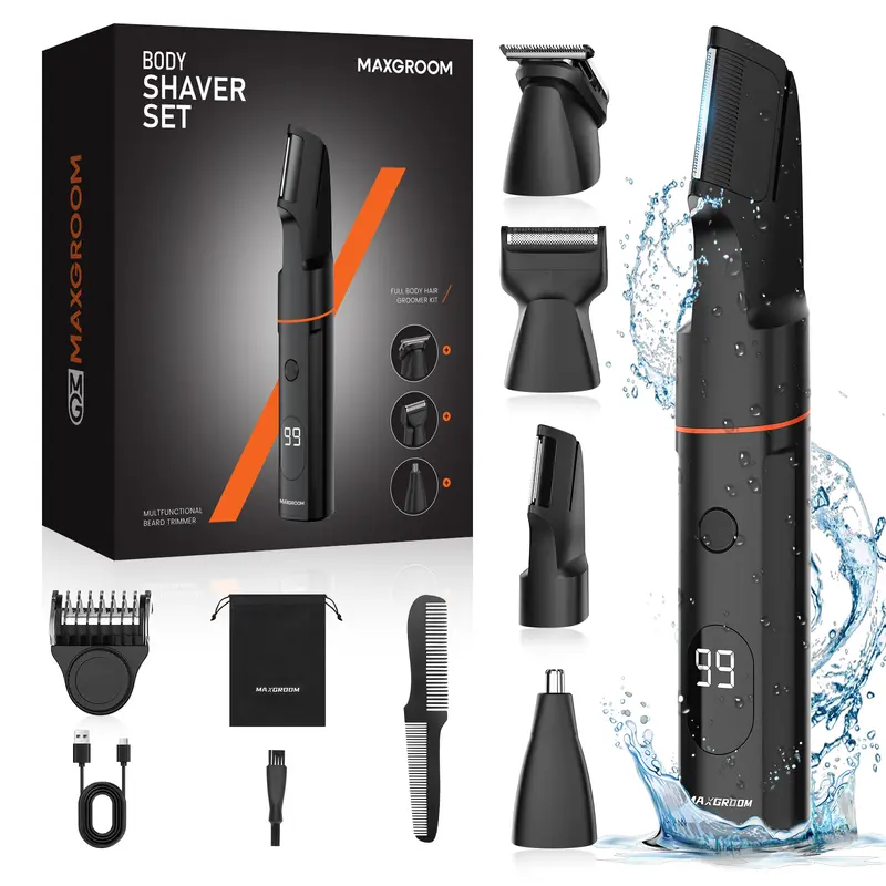 MAXGROOM Body Hair Trimmer - 6-in-1 Mens Electric Grooming Kit, Waterproof V-Head Shaver for Pubic Groin & Balls, Ceramic Blades for Sensitive Skin, USB Rechargeable, LED Display, Adjustable Guide Comb