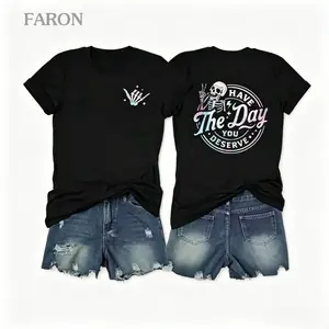 Iridescent Skeleton Hand Sign Graphic Tee 100% Cotton Black Short Sleeve T-Shirt "Have The Day You Deserve" Positive Vibe Print Casual Streetwear For Adults