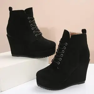 Cozy Thermal Wedge Ankle Boots - Ankle & Bootie - Warm Plush Lined, Lace Up, Platform, Short, Winter Boots for Women