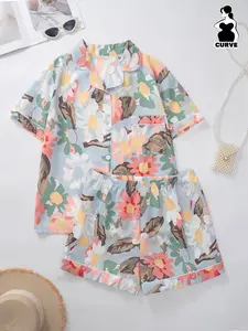 Women's Plus Size Pajama Set, Loungewear, Lapel Short Sleeve & Shorts, Colorful Floral Print, Polyester Fabric, Perfect for Home Wear