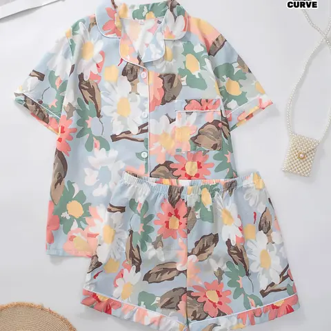 Summer Plus Size Women's Pajama Set, 2-Piece with Short Sleeve Top and Shorts, Casual Fitted Sleepwear & Loungewear for Home Wear, Floral, Lightweight
