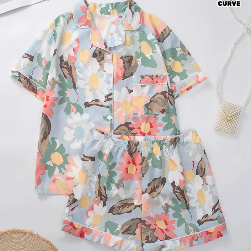 Summer Plus Size Women's Pajama Set, 2-Piece with Short Sleeve Top and Shorts, Casual Fitted Sleepwear & Loungewear for Home Wear, Floral, Lightweight
