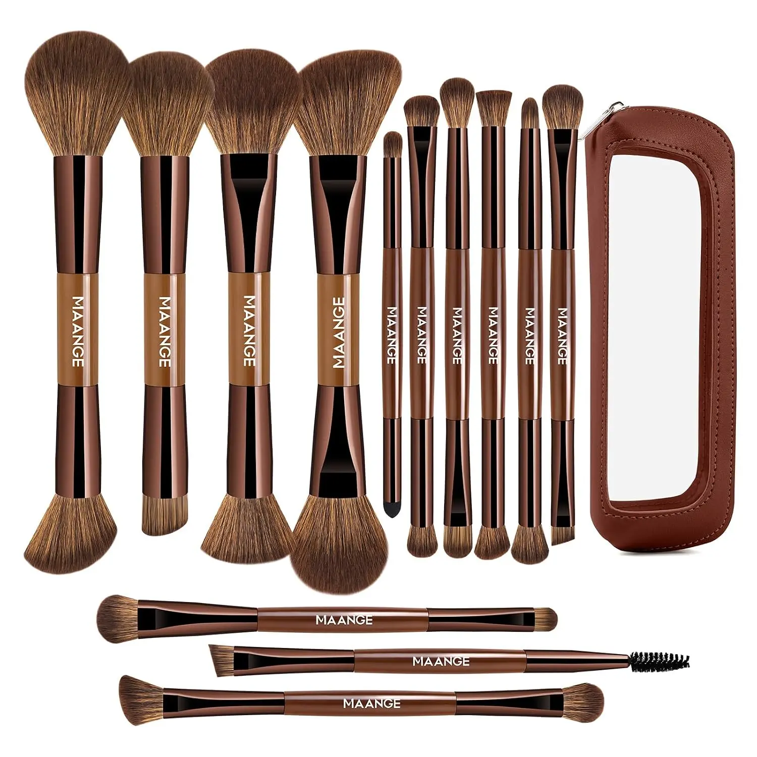 MAANGE 13 Pcs Foundation Makeup Brush Set With Bag, Make up Brushes, Double-End Multi Functional Makeup Brushes, Professional Face Brush Set Tools For Liquid Powder Concealer Cream Blush (Brown)