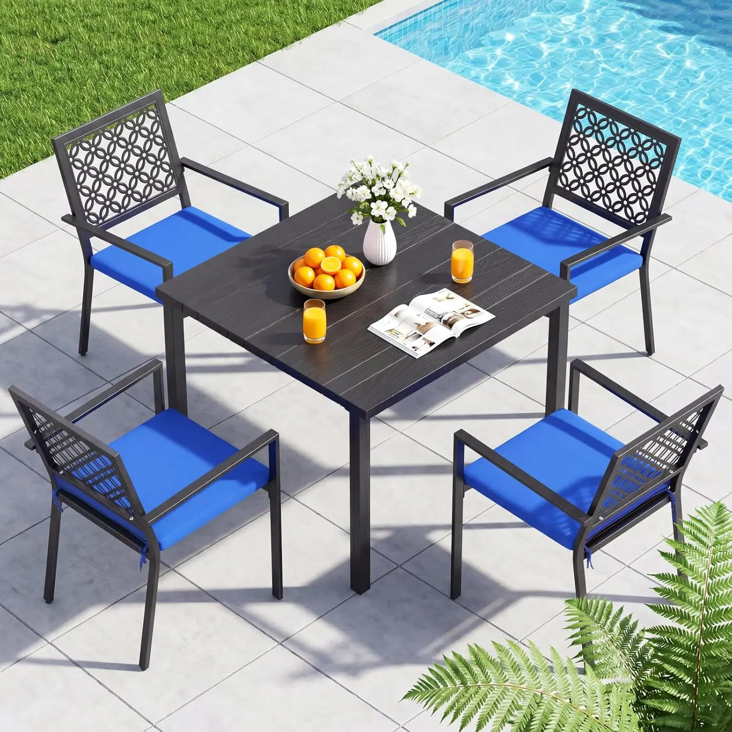 LuxaDomus 5 Piece Outdoor Dining Set, Wood Grain Square Outdoor Patio Table and Chairs Set, Metal Dining Set with with 4 Spacious Dining Chair, All Weather Patio furniture Set for Deck Garden Poolside