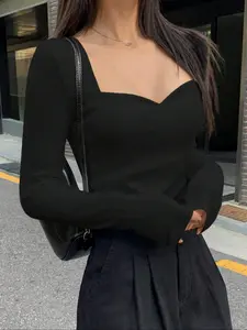 Women's Knitted Solid Color Sweetheart Neck Tee Fitted Casual Long Sleeve T-shirt for Spring & Fall, Women's Top for Daily Wear Valentine's Day, gift, Womenswear, Knitwear