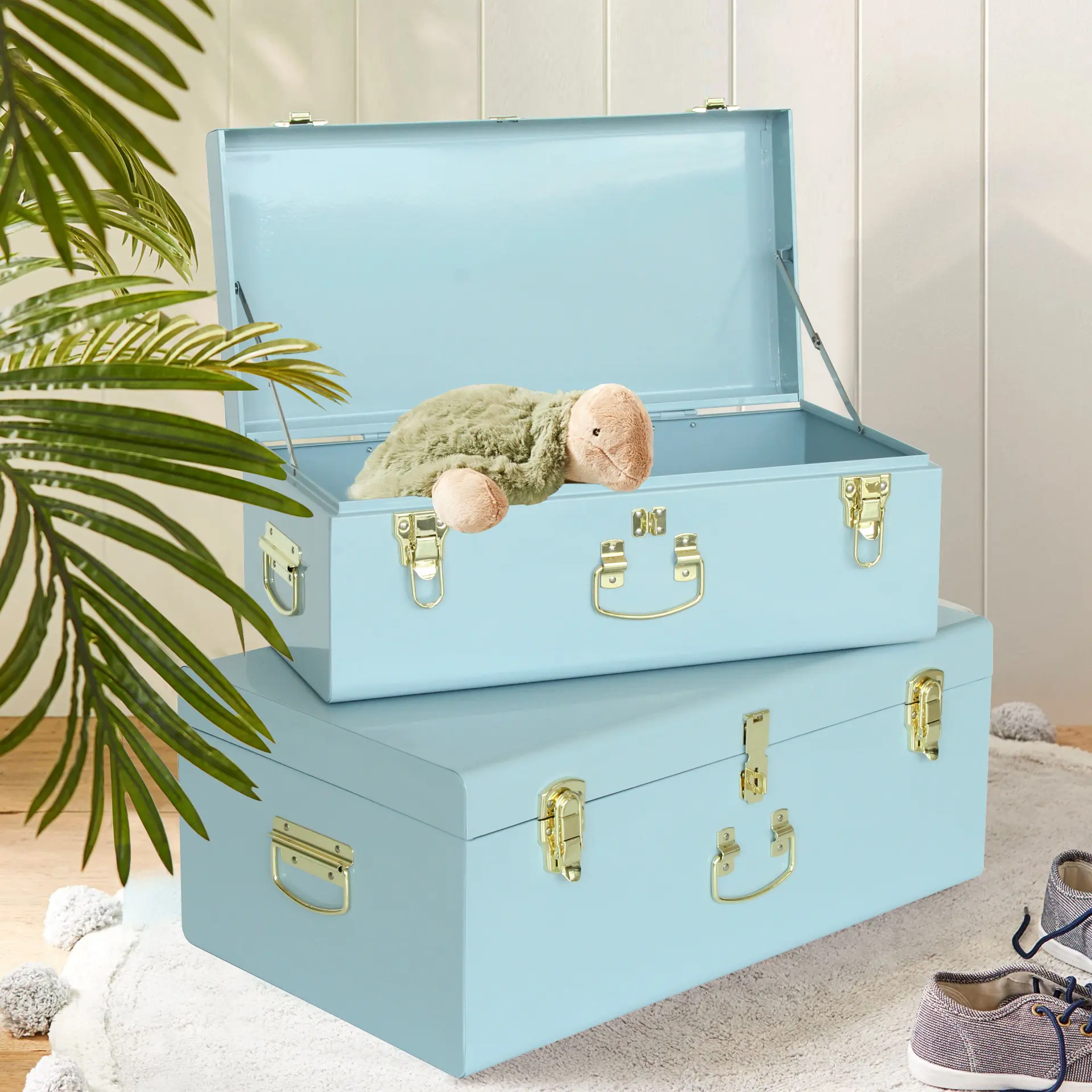 Light Blue Metal Storage Trunks – Set of 2 Keepsake Chests for Home Decor & Gifts Box With Lid Organiser