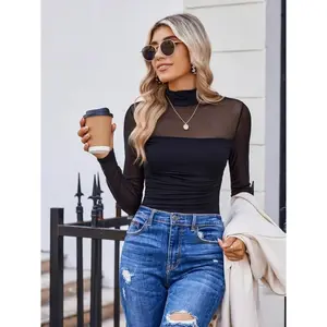 Women’s shiny mesh transparent long-sleeve pleated top with a sexy high neckline—fashionable, versatile, and comfortable casual wear