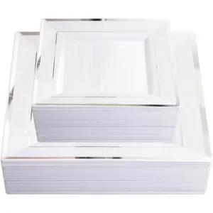 100PCS White and Silver Square - 50PCS Duty 9.5inch White Dinner and 50PCS 6inch Dessert-Silver Disposable for&Wedding