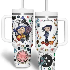 Coraline Movie Tumbler 40oz Premium Stainless Steel Tumbler With Handle, Coraline Jones Button Eyes Cup, Dark Fantasy Aesthetic Mug, Spooky Cute Gothic Cartoon Travel Mug, Animation Fan Gift, Stainless Steel Insulated Tumbler