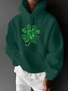 Men's Loose Fit Classic Hoodie, Saint Patrick's Day Glitter Clover Print, Vintage American Style, Casual Kangaroo Pocket Sweatshirt, Graphic Hoodies