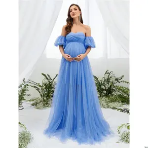 Party Elegant Mesh Sleeve Puff Shoulder Off Maternity Overlay Dress For