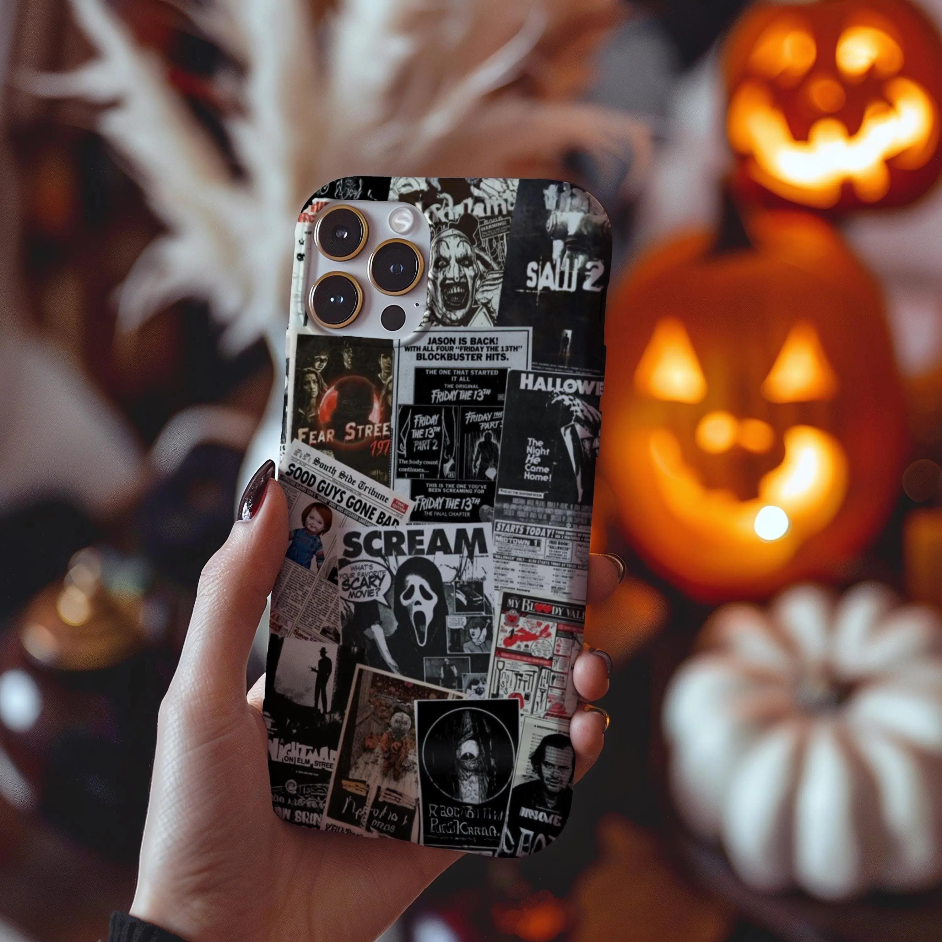 Halloween Horror Movie Phone Case, Cute Goth Horror Collage aesthetic, iPhone 17 Pro Max to 8 Plus X, Samsung Galaxy S25 S24 S23 Ultra