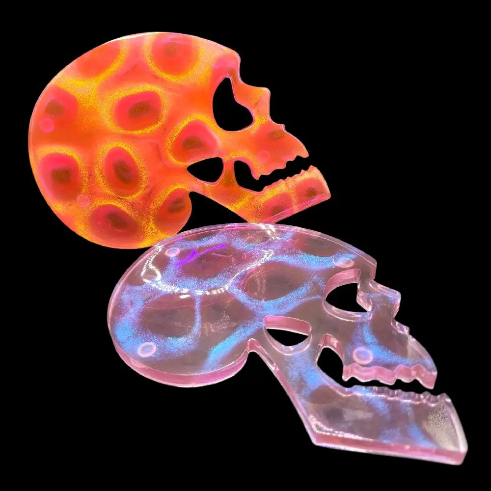 NEON NECROSIS Skull Coasters – UV Reactive Coral Gold, Purple Blue Tiger's Eye Effect