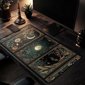Celestial Lunar Tarot Card Desk Mat, Dark Green Witch Gaming Mouse Pad, Night Botanical Floral Mouse Mat, Occult Stars Magic Desk Pad, Moon Office Gift Idea, Cottagecore Gift