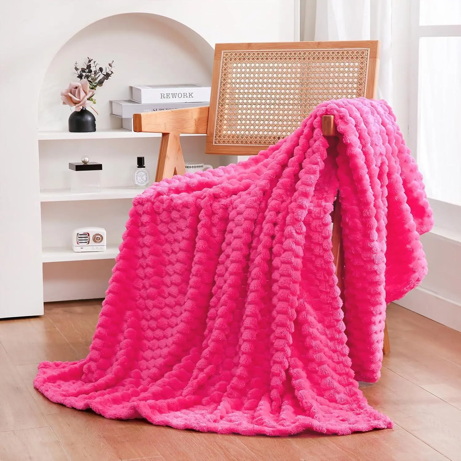 Puncuntex Hot Pink Throw Blanket 50"×60" Inches Gifts for Mom Fuzzy 3D Jacquard Decorative Flannel Fleece Super Soft Plush Cozy Blanket for Couch Sofa Chair Lightweight