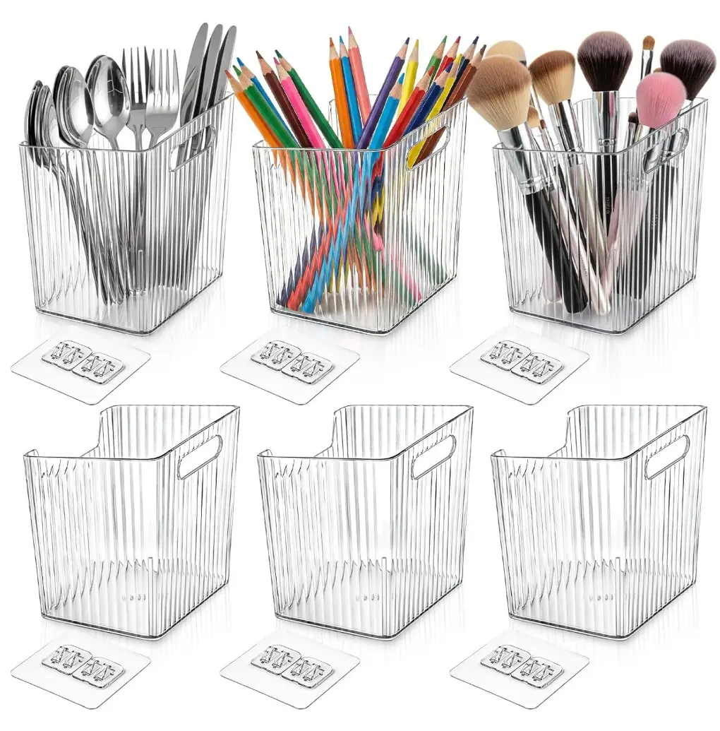 6 Pack Wall Mount Storage Bins, Plastic Clear Shower Basket Caddy with Self-Adhesive Hooks, Stackable Hanging Bin Basket Organizer Holder for Cabinet, Kitchen, Bathroom, Pantry, Under Sink