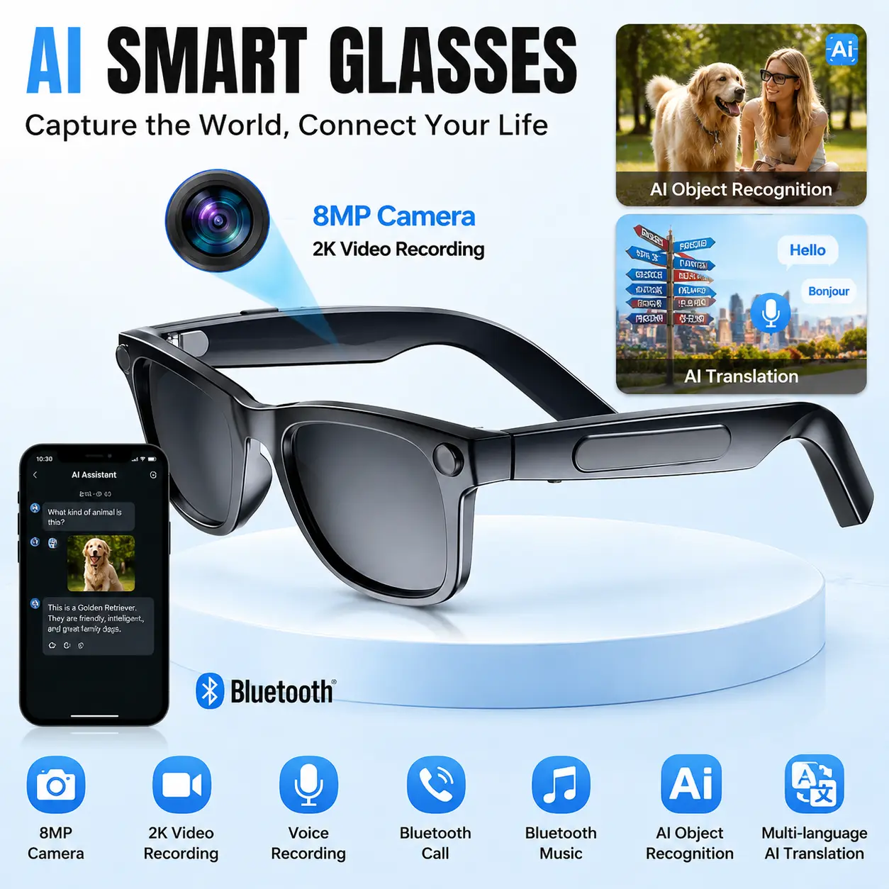 AI Smart Glasses with 8MP Camera, 2K Video Recording, Bluetooth Audio & Calls, Recording glasses, AI Object Recognition, Real-Time Language Translation, Music Playback, Hands-Free Camera Glasses for Travel & Vlog