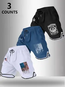Men's 3-Pack Sporty Shorts, Drawstring Waist, Side Stripe Decor, American Street Style, Casual Fitted Design, Perfect for Daily Wear & Sports, Graphic Athletic Shorts