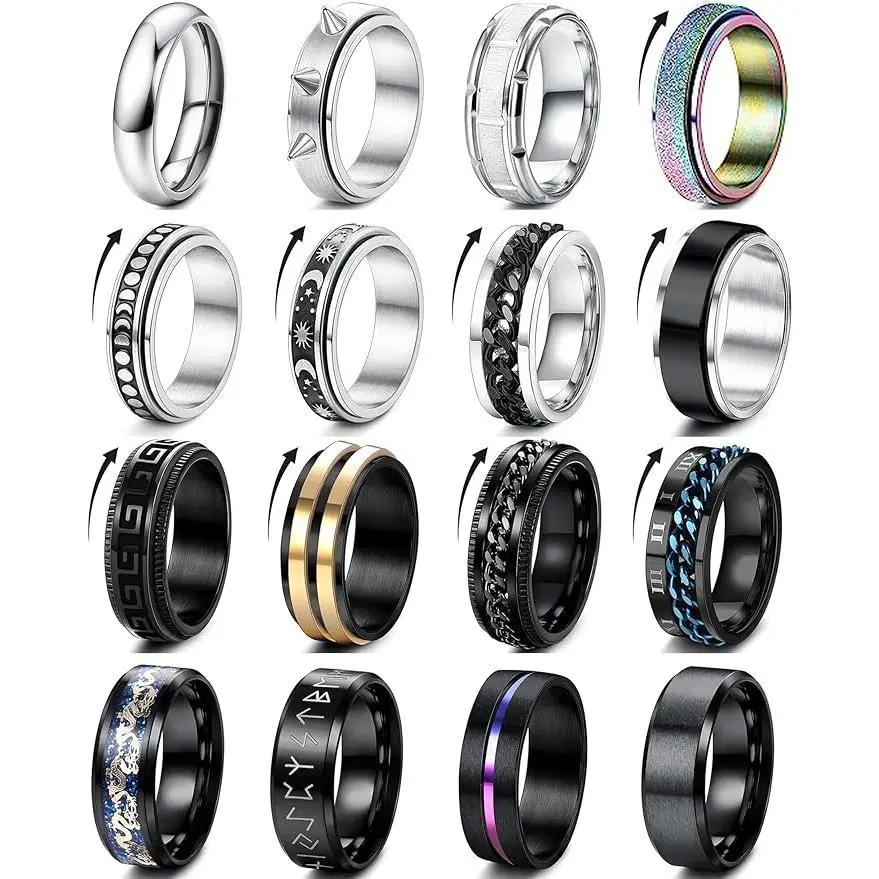 FLORIDECO Unisex Stainless Steel Spinner Fidget Band Rings Set, 16Pcs with Chain, Beveled Edges, Anxiety Relief Jewelry for Daily Wear, Sizes 7-13, Spinner Fidget Rings