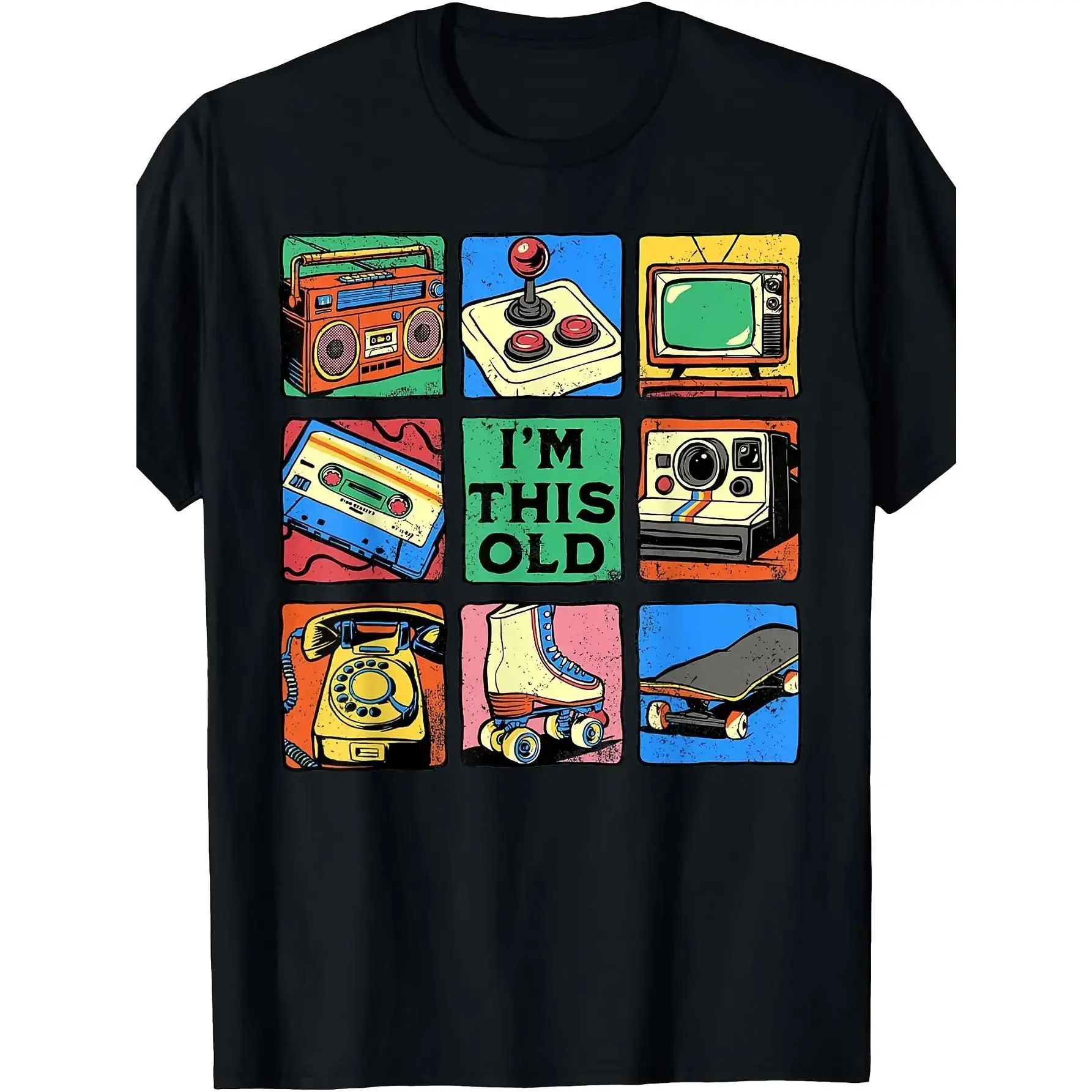 Men's Retro "I'm This Old" Graphic Top - 80s 90s Vintage Streetwear, Soft Cotton Short-Sleeve Grid Casual Wear, Relaxed Fit Round Neck Sports Top for Nostalgia Lovers