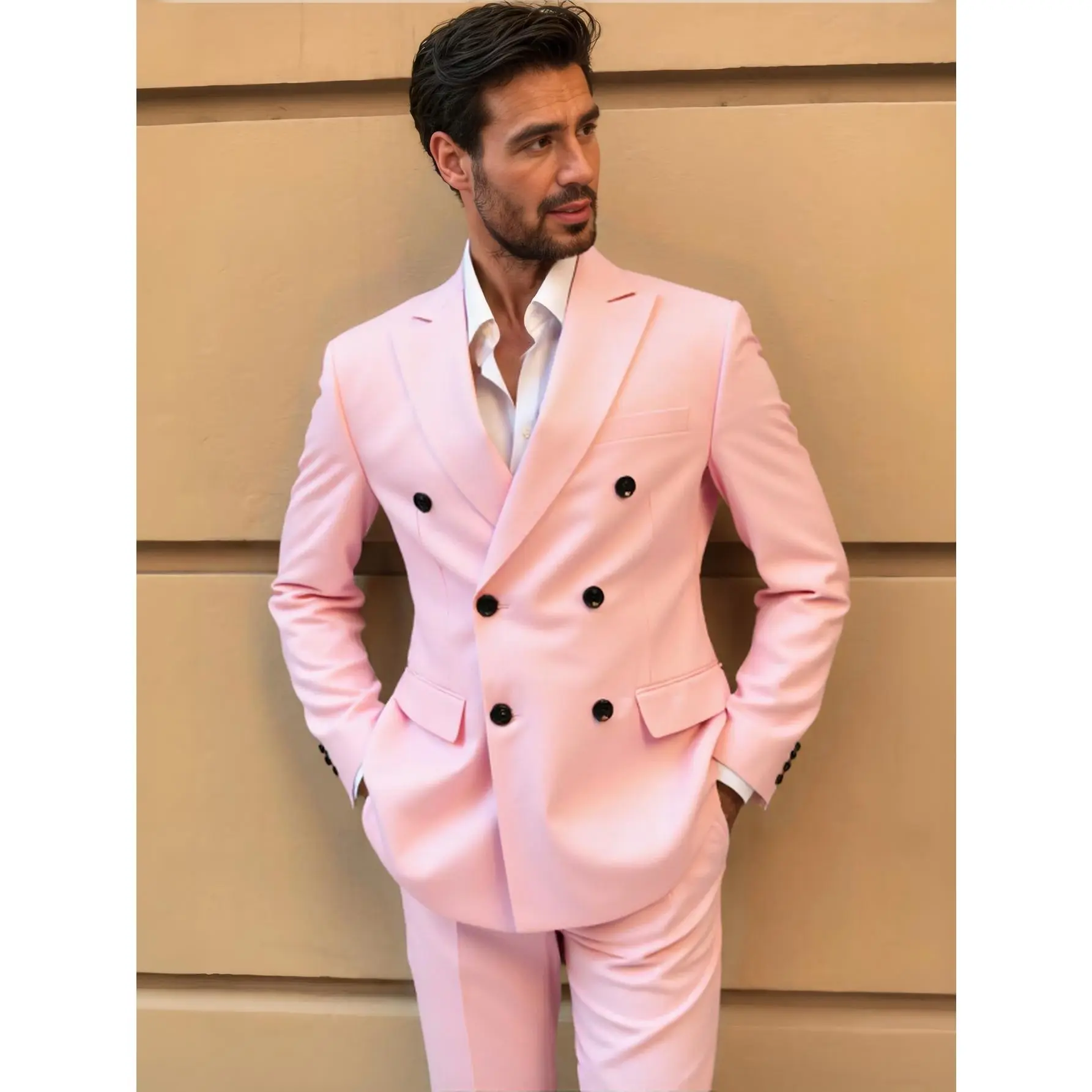 Men's 2-Piece Slim Fit Suit Set, Stylish Gingham Checkered Double Breasted Peak Lapel Blazer with Matching Pants for Wedding & Business, Polyester, Pocket, Fabric, Rayon, Fitted, Button Front, Two Buttons