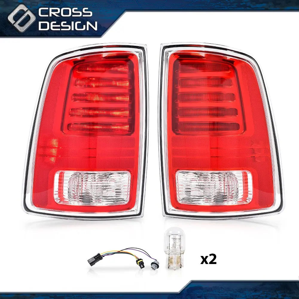 CROSSDESIGN LED Tail Lights Fit for 2013-2022 Ram 1500, 2500, 3500(LED Rear Lights,Not Include Cable Adapter)-Red with Bulb & Harness, Pair