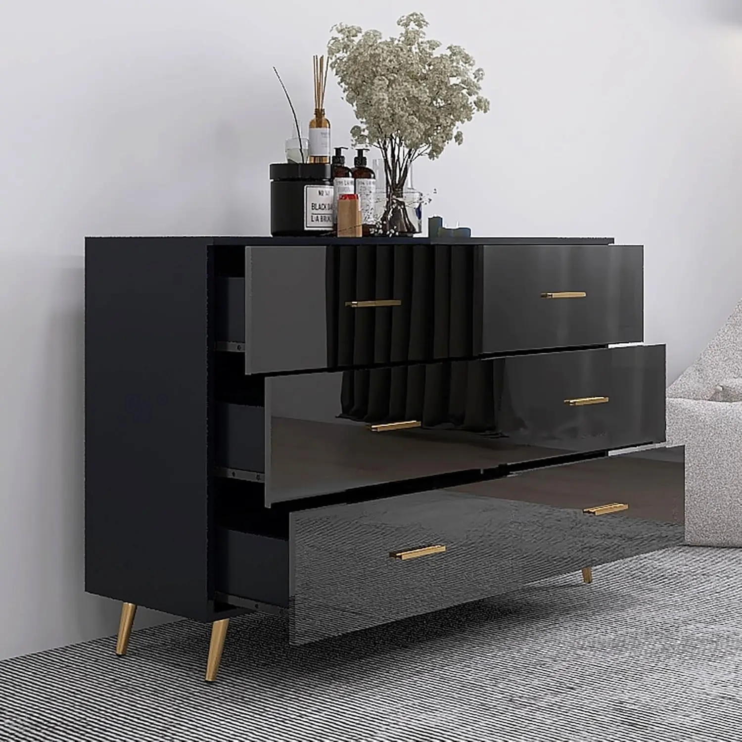 black high gloss dresser Elegant High Gloss Dresser with Metal Handle,Mirrored Storage Cabinet with 6 Drawers for Bedroom,Living Room,Black - Bed Bath & Beyond
