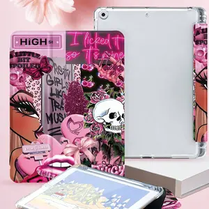 Y2K Skull Patched iPad Case, Transparent Anti-Drop Stand Cover with Pen Slot, Fits iPad 10/9/8 Generation, iPad Pro 11 Inch, iPad Air 3/4/5