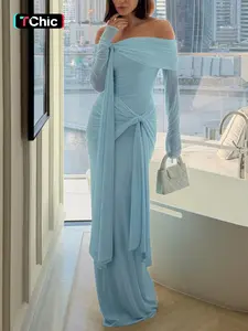 Women's Solid Sexy Mesh Patchwork See Through Slim Fit Dress, Elegant Long Sleeve One-Shoulder Tie Waist Bodycon Dress, Pure Color Casual Chic Fashion Lady Clothing for New Spring Summer