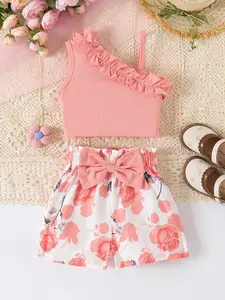 Youthful Girl Sleeveless Top + Sunflower Print Bow Shorts Set, Perfect for Casual Wear & Daily, Ideal Gift for Young Fashionistas