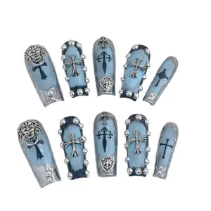E37 Knight Shield Blue Long Removable Press On Nail Multicolor Personality Theme Secure Fit Comfortable Touch Ups Efficient Routine