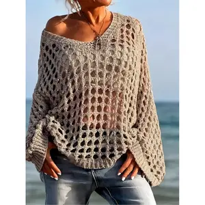 Women's hollowed out V-neck knitted sweater, loose bat sleeves, shoulder less bohemian style, long sleeves, casual and pretentiousRAIMENTRY