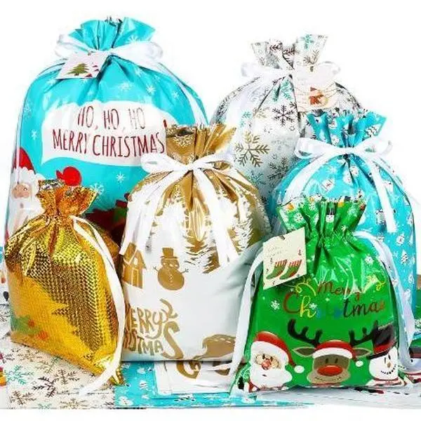 25Bag+25Card Christmas Drawstring Gift Bags | Xmas Goody Present Sacks for Holiday Gift Wrapping