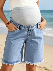 Blue Pregnant Jeans Shorts, Summer Belly Support Pants, High Elasticity, Soft Skin-Friendly, Adjustable, Frayed Edge, Thin, Wearable, Pregnancy Clothing